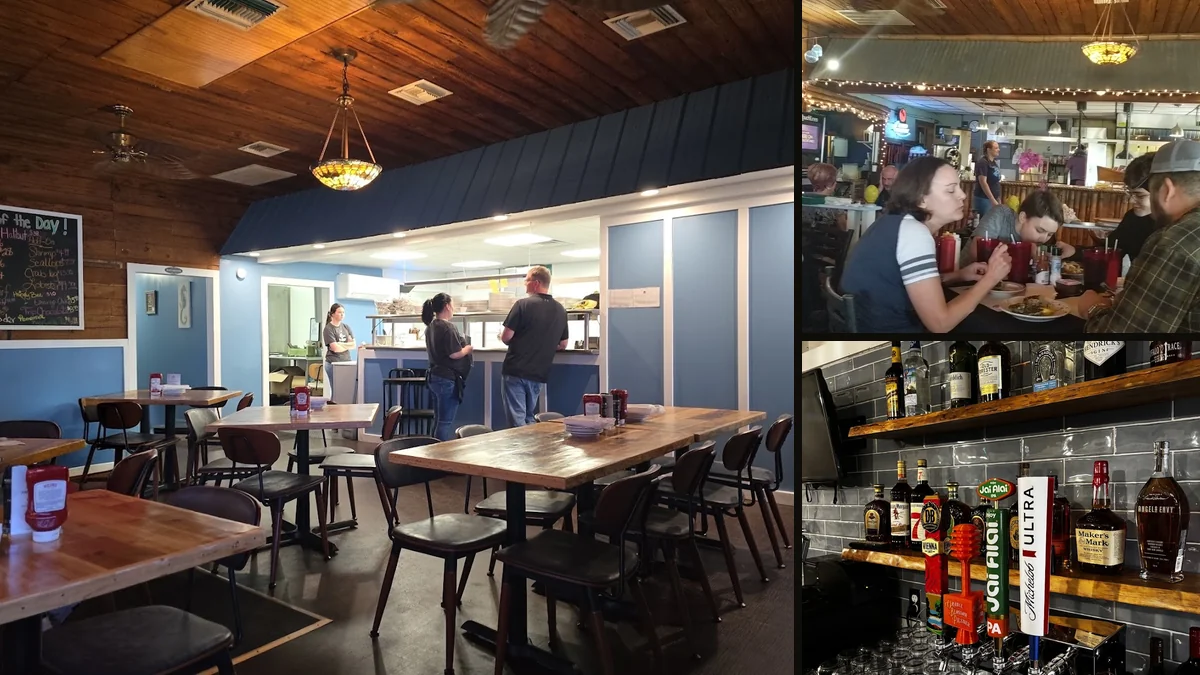 Bar seating inside a seafood shack.
