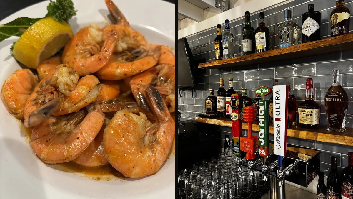 Plates of fried seafood beside cold drinks.