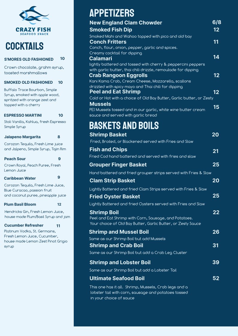 Printed seafood menu with appetizer selections.